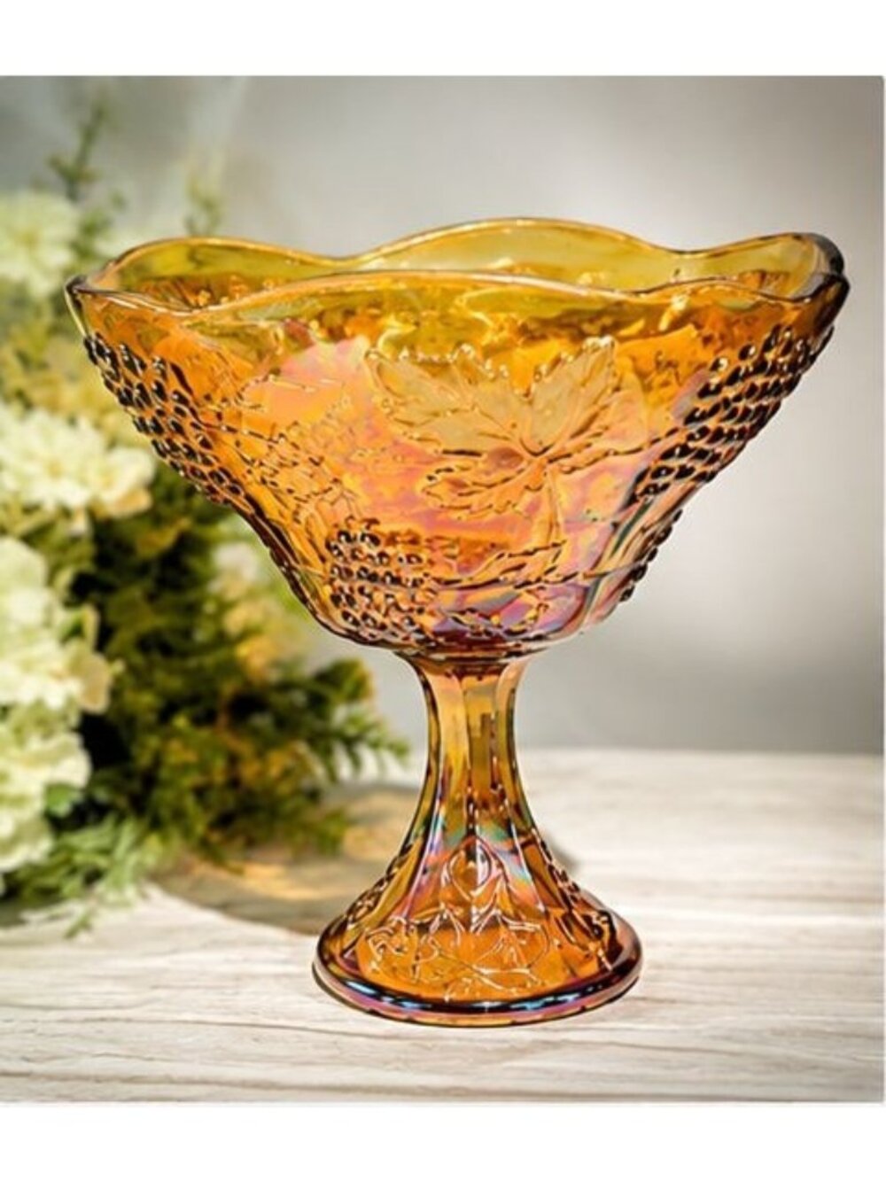 Vintage Indiana Glass Wedding Bowl Harvest Grape & Leaf Carnival Marigold #1259